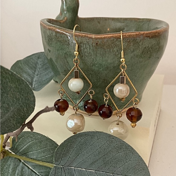 Boho Style Earrings, Autumn Colors Drop Dangle. Rhombus Shape Earrings - Picture 2 of 6